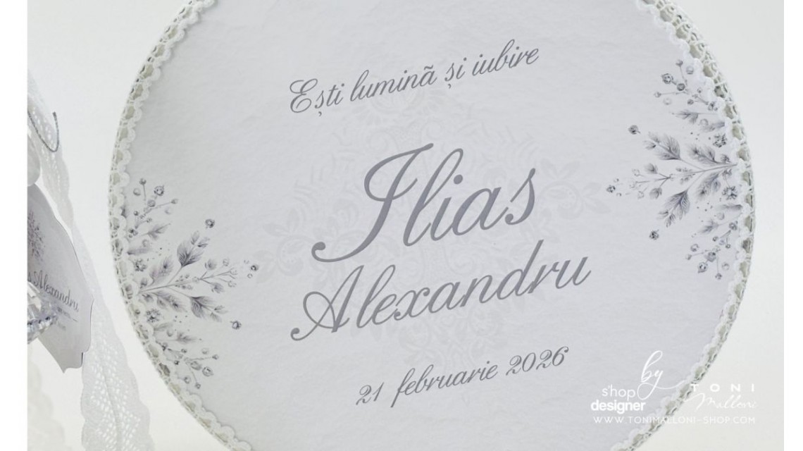 Trusou de botez alb cu gri si dantela bumbac brodata Fulg de Nea 12